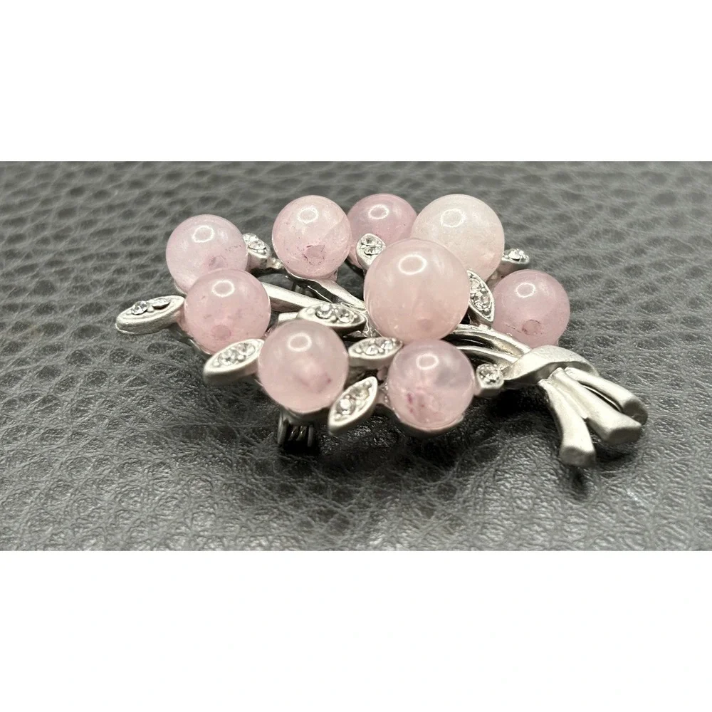 Vintage Style Pink Glass Cluster Rhinestone Brooch Pin Silver Tone